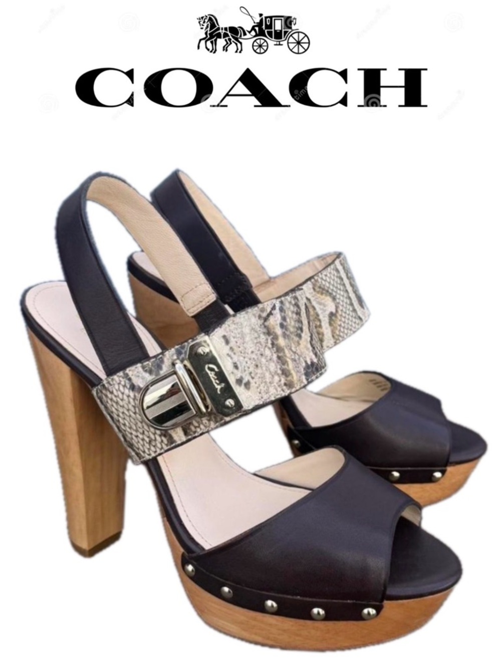 COACH Darcey Printed Python Platform High Heels Sandals Dark Brown Gold Studded